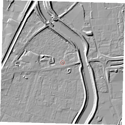 Shaded relief map of the ground around PE112HY, computed from Environment Agency LiDAR. The ground here sits at about 4 m above sea level and falls 9 m across the surrounding 800 m. Surface water reaching this point runs off ground lying to the east, 1.4 m higher.