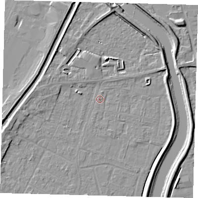 Shaded relief map of the ground around PE112HZ, computed from Environment Agency LiDAR. The ground here sits at about 4 m above sea level and falls 6 m across the surrounding 800 m. Surface water reaching this point runs off ground lying to the north, 5.2 m higher.