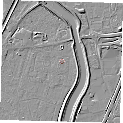 Shaded relief map of the ground around PE112JD, computed from Environment Agency LiDAR. The ground here sits at about 4 m above sea level and falls 8 m across the surrounding 800 m. The ground contributing surface water to this point lies to the north-north-west.