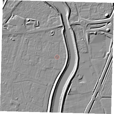 Shaded relief map of the ground around PE112JE, computed from Environment Agency LiDAR. The ground here sits at about 3 m above sea level and falls 8 m across the surrounding 800 m. Surface water reaching this point runs off ground lying to the north-north-east, 3.5 m higher.