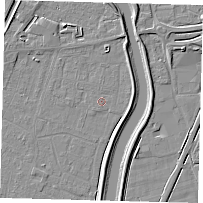Shaded relief map of the ground around PE112JF, computed from Environment Agency LiDAR. The ground here sits at about 3 m above sea level and falls 6 m across the surrounding 800 m. Surface water reaching this point runs off ground lying to the south-south-west, 0.6 m higher.