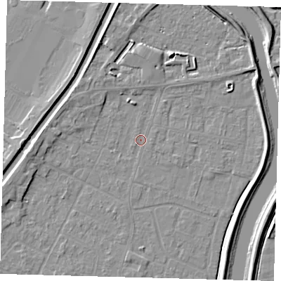 Shaded relief map of the ground around PE112JH, computed from Environment Agency LiDAR. The ground here sits at about 3 m above sea level and falls 6 m across the surrounding 800 m. Surface water reaching this point runs off ground lying to the west, 2.6 m higher.