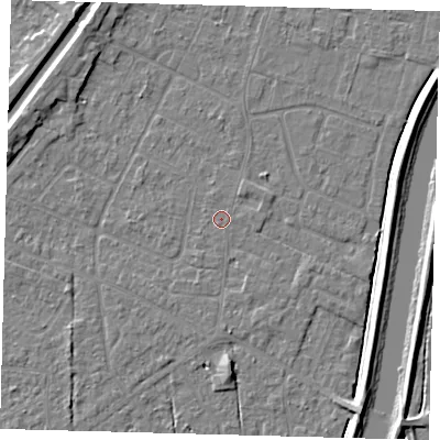 Shaded relief map of the ground around PE112JJ, computed from Environment Agency LiDAR. The ground here sits at about 3 m above sea level and falls 5 m across the surrounding 800 m. The ground contributing surface water to this point lies to the south-south-west.