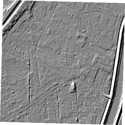 Shaded relief map of the ground around PE112JL, computed from Environment Agency LiDAR. The ground here sits at about 4 m above sea level and falls 5 m across the surrounding 800 m. Surface water reaching this point runs off ground lying to the west-south-west, 0.5 m higher.