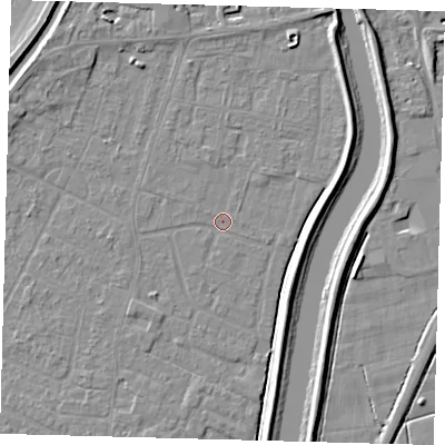 Shaded relief map of the ground around PE112JR, computed from Environment Agency LiDAR. The ground here sits at about 3 m above sea level and falls 5 m across the surrounding 800 m. The ground contributing surface water to this point lies to the east.