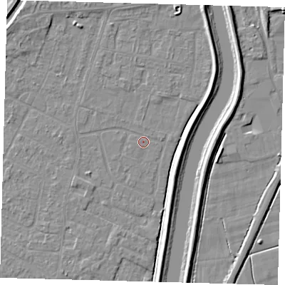 Shaded relief map of the ground around PE112JS, computed from Environment Agency LiDAR. The ground here sits at about 3 m above sea level and falls 5 m across the surrounding 800 m. The ground contributing surface water to this point lies to the south-south-west.
