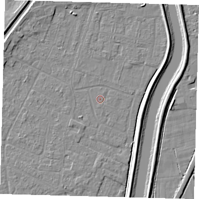 Shaded relief map of the ground around PE112JT, computed from Environment Agency LiDAR. The ground here sits at about 3 m above sea level and falls 5 m across the surrounding 800 m. The ground contributing surface water to this point lies to the south.