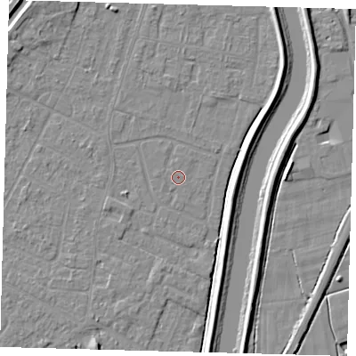 Shaded relief map of the ground around PE112JW, computed from Environment Agency LiDAR. The ground here sits at about 3 m above sea level and falls 5 m across the surrounding 800 m. The ground contributing surface water to this point lies to the north-east.