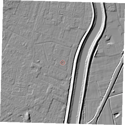 Shaded relief map of the ground around PE112JX, computed from Environment Agency LiDAR. The ground here sits at about 3 m above sea level and falls 5 m across the surrounding 800 m. The ground contributing surface water to this point lies to the west.