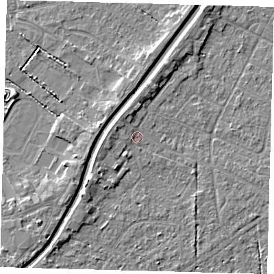Shaded relief map of the ground around PE112LB, computed from Environment Agency LiDAR. The ground here sits at about 4 m above sea level and falls 4 m across the surrounding 800 m. Surface water reaching this point runs off ground lying to the west, 1.7 m higher.