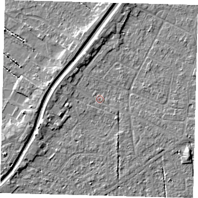 Shaded relief map of the ground around PE112LD, computed from Environment Agency LiDAR. The ground here sits at about 4 m above sea level and falls 4 m across the surrounding 800 m. Surface water reaching this point runs off ground lying to the west-south-west, 3.1 m higher.
