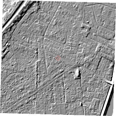 Shaded relief map of the ground around PE112LF, computed from Environment Agency LiDAR. The ground here sits at about 3 m above sea level and falls 5 m across the surrounding 800 m. The ground contributing surface water to this point lies to the north-east.