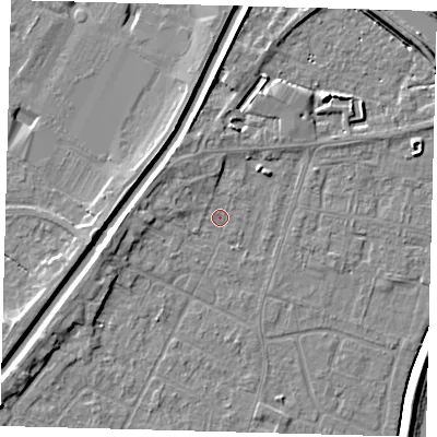 Shaded relief map of the ground around PE112LX, computed from Environment Agency LiDAR. The ground here sits at about 3 m above sea level and falls 6 m across the surrounding 800 m. Surface water reaching this point runs off ground lying to the west, 2.4 m higher.