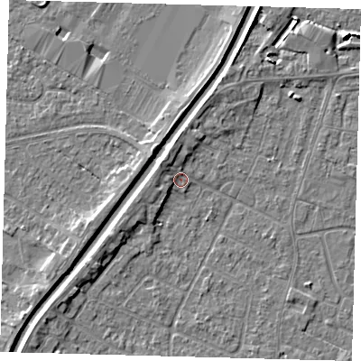 Shaded relief map of the ground around PE112LZ, computed from Environment Agency LiDAR. The ground here sits at about 4 m above sea level and falls 5 m across the surrounding 800 m. Surface water reaching this point runs off ground lying to the north-west, 2.3 m higher.