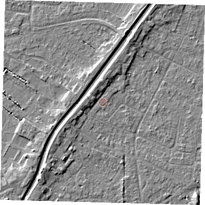 Shaded relief map of the ground around PE112ND, computed from Environment Agency LiDAR. The ground here sits at about 4 m above sea level and falls 4 m across the surrounding 800 m. Surface water reaching this point runs off ground lying to the north-north-west, 2.4 m higher.