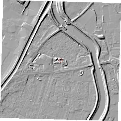 Shaded relief map of the ground around PE112NQ, computed from Environment Agency LiDAR. The ground here sits at about 4 m above sea level and falls 9 m across the surrounding 800 m. Surface water reaching this point runs off ground lying to the north, 6.1 m higher.