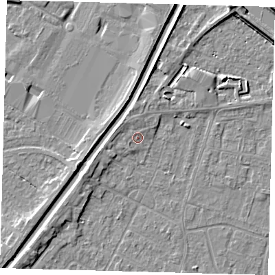 Shaded relief map of the ground around PE112NX, computed from Environment Agency LiDAR. The ground here sits at about 4 m above sea level and falls 5 m across the surrounding 800 m. Surface water reaching this point runs off ground lying to the north-north-west, 1.3 m higher.