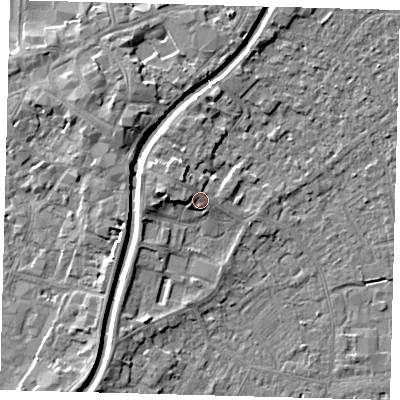 Shaded relief map of the ground around PE112PB, computed from Environment Agency LiDAR. The ground here sits at about 5 m above sea level and falls 6 m across the surrounding 800 m. Surface water reaching this point runs off ground lying to the west-north-west, 2.8 m higher.