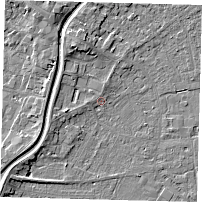 Shaded relief map of the ground around PE112PF, computed from Environment Agency LiDAR. The ground here sits at about 4 m above sea level and falls 6 m across the surrounding 800 m. Surface water reaching this point runs off ground lying to the west, 1.7 m higher.