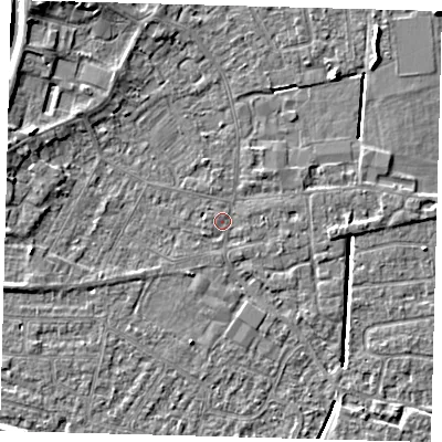 Shaded relief map of the ground around PE112PP, computed from Environment Agency LiDAR. The ground here sits at about 3 m above sea level and falls 6 m across the surrounding 800 m. Surface water reaching this point runs off ground lying to the west-north-west, 3.4 m higher.