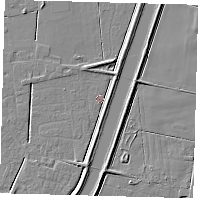 Shaded relief map of the ground around PE112PT, computed from Environment Agency LiDAR. The ground here sits at about 2 m above sea level and falls 5 m across the surrounding 800 m. Surface water reaching this point runs off ground lying to the south, 5.0 m higher.