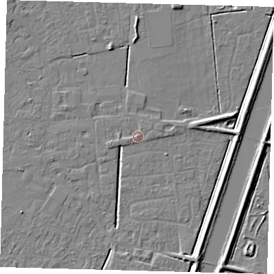 Shaded relief map of the ground around PE112PW, computed from Environment Agency LiDAR. The ground here sits at about 4 m above sea level and falls 5 m across the surrounding 800 m. Surface water reaching this point runs off ground lying to the east, 0.9 m higher.