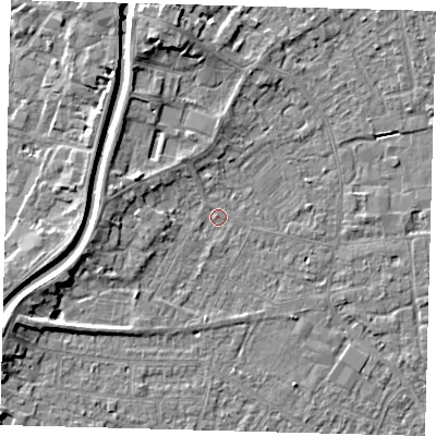 Shaded relief map of the ground around PE112QA, computed from Environment Agency LiDAR. The ground here sits at about 3 m above sea level and falls 6 m across the surrounding 800 m. Surface water reaching this point runs off ground lying to the west-north-west, 3.3 m higher.