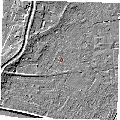 Shaded relief map of the ground around PE112QE, computed from Environment Agency LiDAR. The ground here sits at about 3 m above sea level and falls 6 m across the surrounding 800 m. Surface water reaching this point runs off ground lying to the west, 4.2 m higher.