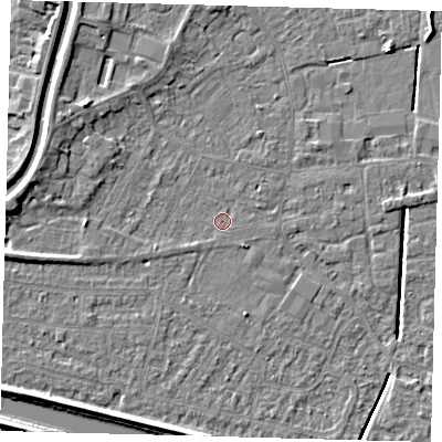 Shaded relief map of the ground around PE112QF, computed from Environment Agency LiDAR. The ground here sits at about 3 m above sea level and falls 6 m across the surrounding 800 m. Surface water reaching this point runs off ground lying to the west-south-west, 0.7 m higher.