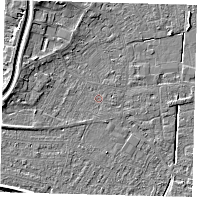 Shaded relief map of the ground around PE112QH, computed from Environment Agency LiDAR. The ground here sits at about 3 m above sea level and falls 6 m across the surrounding 800 m. Surface water reaching this point runs off ground lying to the west-north-west, 3.4 m higher.