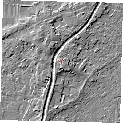 Shaded relief map of the ground around PE112QN, computed from Environment Agency LiDAR. The ground here sits at about 7 m above sea level and falls 5 m across the surrounding 800 m. Surface water reaching this point runs off ground lying to the east-south-east, 1.5 m higher.