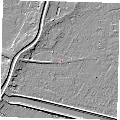 Shaded relief map of the ground around PE112QR, computed from Environment Agency LiDAR. The ground here sits at about 3 m above sea level and falls 5 m across the surrounding 800 m. Surface water reaching this point runs off ground lying to the west, 4.2 m higher.