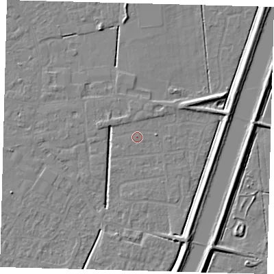 Shaded relief map of the ground around PE112QS, computed from Environment Agency LiDAR. The ground here sits at about 3 m above sea level and falls 5 m across the surrounding 800 m. The ground contributing surface water to this point lies to the north-north-east.
