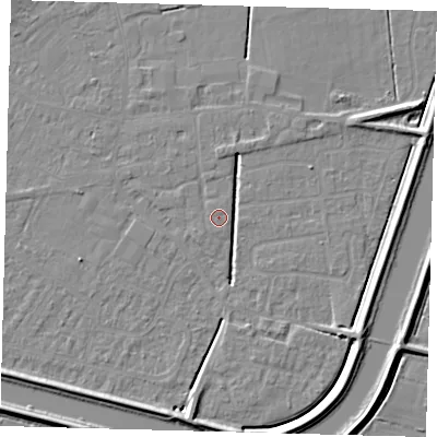 Shaded relief map of the ground around PE112QW, computed from Environment Agency LiDAR. The ground here sits at about 3 m above sea level and falls 6 m across the surrounding 800 m. Surface water reaching this point runs off ground lying to the south-west, 2.5 m higher.