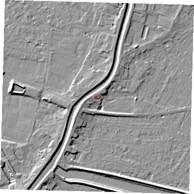 Shaded relief map of the ground around PE112RD, computed from Environment Agency LiDAR. The ground here sits at about 5 m above sea level and falls 5 m across the surrounding 800 m. Surface water reaching this point runs off ground lying to the west, 2.0 m higher.