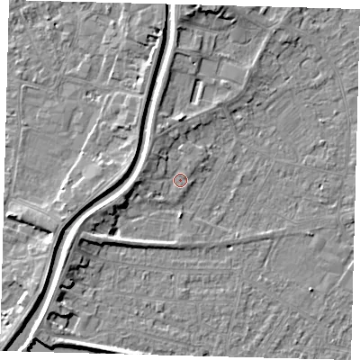 Shaded relief map of the ground around PE112RF, computed from Environment Agency LiDAR. The ground here sits at about 4 m above sea level and falls 5 m across the surrounding 800 m. Surface water reaching this point runs off ground lying to the north-west, 2.1 m higher.