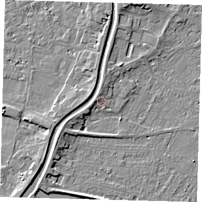 Shaded relief map of the ground around PE112RG, computed from Environment Agency LiDAR. The ground here sits at about 4 m above sea level and falls 5 m across the surrounding 800 m. Surface water reaching this point runs off ground lying to the north-west, 1.8 m higher.
