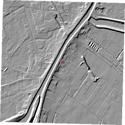 Shaded relief map of the ground around PE112RJ, computed from Environment Agency LiDAR. The ground here sits at about 4 m above sea level and falls 6 m across the surrounding 800 m. Surface water reaching this point runs off ground lying to the south-west, 2.7 m higher.