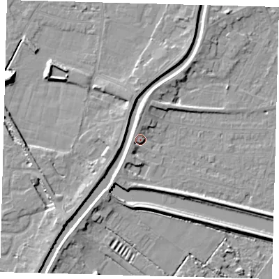 Shaded relief map of the ground around PE112RQ, computed from Environment Agency LiDAR. The ground here sits at about 5 m above sea level and falls 8 m across the surrounding 800 m. Surface water reaching this point runs off ground lying to the north-north-west, 2.5 m higher.