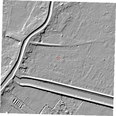 Shaded relief map of the ground around PE112RR, computed from Environment Agency LiDAR. The ground here sits at about 3 m above sea level and falls 5 m across the surrounding 800 m. Surface water reaching this point runs off ground lying to the east-south-east, 0.7 m higher.