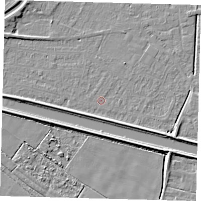 Shaded relief map of the ground around PE112RT, computed from Environment Agency LiDAR. The ground here sits at about 3 m above sea level and falls 6 m across the surrounding 800 m. Surface water reaching this point runs off ground lying to the west, 4.1 m higher.