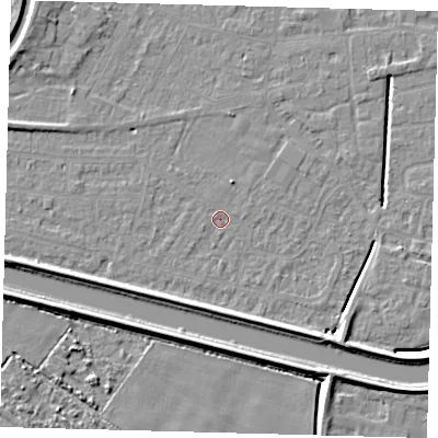 Shaded relief map of the ground around PE112RU, computed from Environment Agency LiDAR. The ground here sits at about 3 m above sea level and falls 6 m across the surrounding 800 m. Surface water reaching this point runs off ground lying to the west, 5.7 m higher.