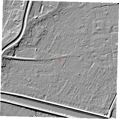 Shaded relief map of the ground around PE112RW, computed from Environment Agency LiDAR. The ground here sits at about 3 m above sea level and falls 6 m across the surrounding 800 m. Surface water reaching this point runs off ground lying to the west, 4.4 m higher.