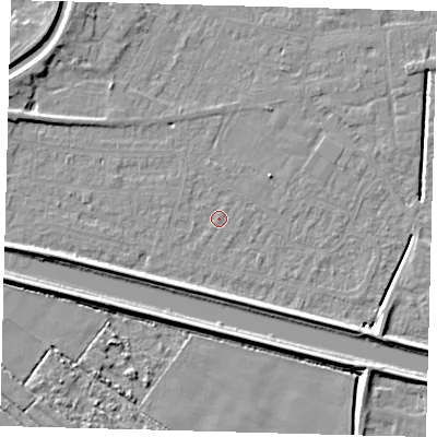 Shaded relief map of the ground around PE112RX, computed from Environment Agency LiDAR. The ground here sits at about 3 m above sea level and falls 6 m across the surrounding 800 m. Surface water reaching this point runs off ground lying to the west-north-west, 3.6 m higher.