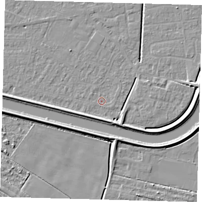 Shaded relief map of the ground around PE112SA, computed from Environment Agency LiDAR. The ground here sits at about 2 m above sea level and falls 6 m across the surrounding 800 m. Surface water reaching this point runs off ground lying to the south-south-east, 5.7 m higher.