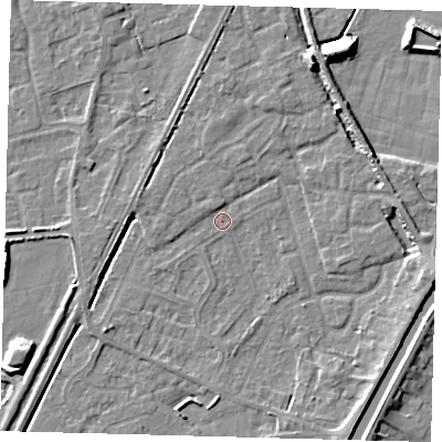 Shaded relief map of the ground around PE112SS, computed from Environment Agency LiDAR. The ground here sits at about 3 m above sea level and falls 9 m across the surrounding 800 m. Surface water reaching this point runs off ground lying to the west, 3.0 m higher.