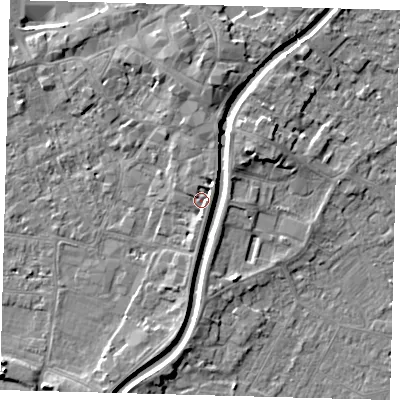 Shaded relief map of the ground around PE112TA, computed from Environment Agency LiDAR. The ground here sits at about 5 m above sea level and falls 5 m across the surrounding 800 m. Surface water reaching this point runs off ground lying to the south, 2.2 m higher.