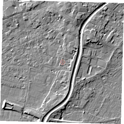 Shaded relief map of the ground around PE112TB, computed from Environment Agency LiDAR. The ground here sits at about 5 m above sea level and falls 5 m across the surrounding 800 m. Surface water reaching this point runs off ground lying to the east-north-east, 2.2 m higher.