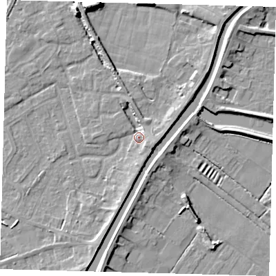 Shaded relief map of the ground around PE112TF, computed from Environment Agency LiDAR. The ground here sits at about 5 m above sea level and falls 9 m across the surrounding 800 m. Surface water reaching this point runs off ground lying to the east-south-east, 4.4 m higher.