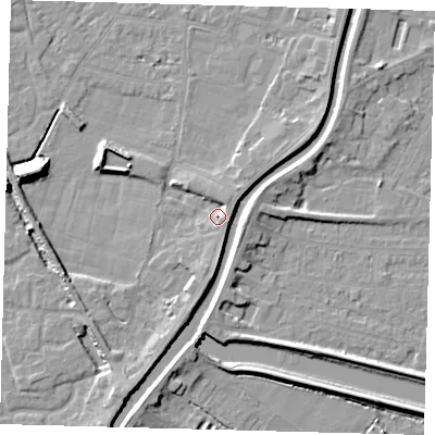 Shaded relief map of the ground around PE112TG, computed from Environment Agency LiDAR. The ground here sits at about 5 m above sea level and falls 9 m across the surrounding 800 m. Surface water reaching this point runs off ground lying to the north-north-east, 2.4 m higher.